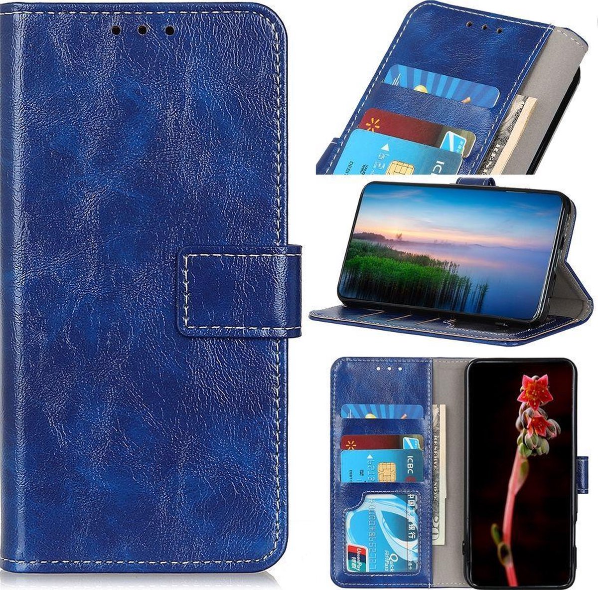 Mobigear Telefoonhoesje geschikt voor Samsung Galaxy S21 FE Hoesje | Mobigear Basic Bookcase Portemonnee | Pasjeshouder voor 3 Pasjes | Telefoonhoesje voor Pinpas / OV Kaart / Rijbewijs - Blauw