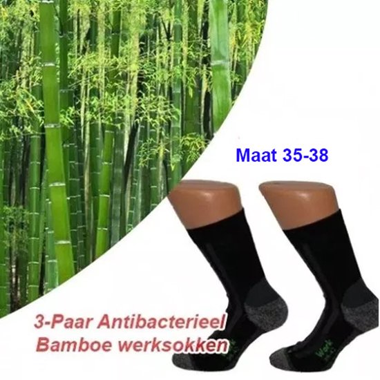 Chaussettes de travail noires en bambou, taille 35-38, avec renfort gris au talon et aux orteils.