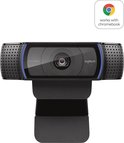 Webcam Logitech C920 noire avec accents bleus et le texte 'works with chromebook'.