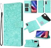 Voor Xiaomi Redmi K40/K40 Pro/Poco F3 Huid Voelen Reliëf Zonnebloem Horizontale Flip Lederen Case met Houder & Kaartsleuven & Portemonnee & Lanyard (Groen)