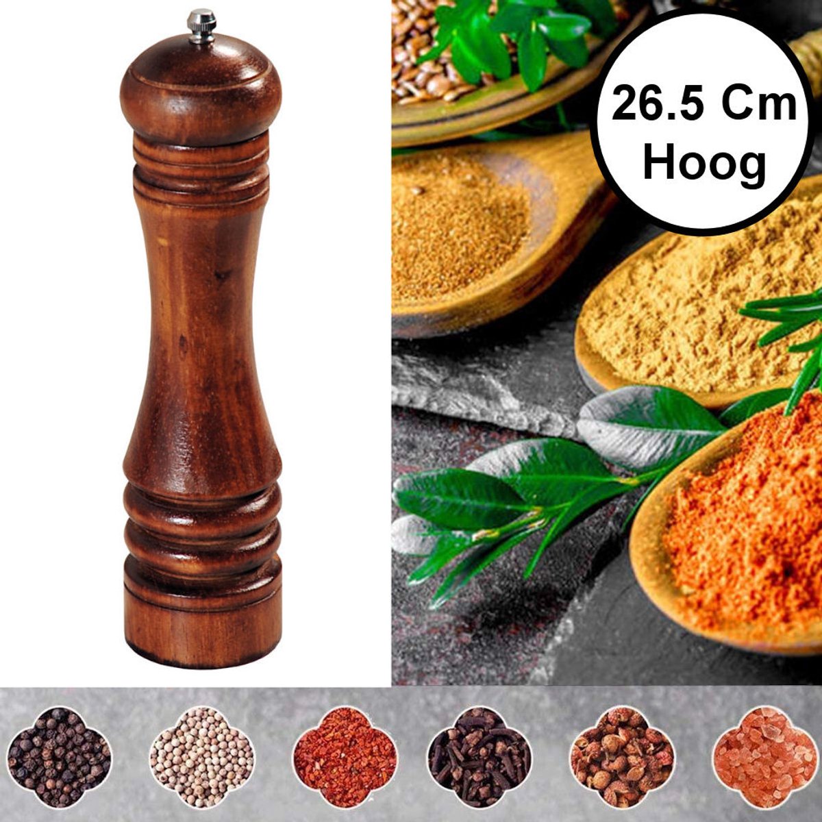 Pepermolen Rubberhout - Ø6 Hoogte 26.5 Cm - Zoutmolen en kruidenmolen - Peper / Zout / Kruiden molen - Keramisch maalwerk - 26.5Cm