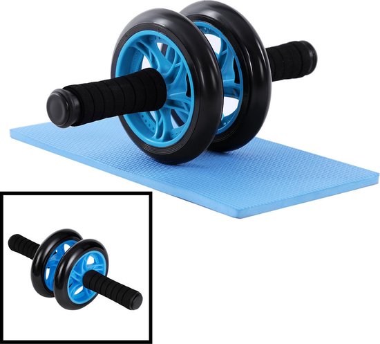 Foto: Ab wheel ab roller wiel voor buikspieren trainingswiel incusief fitness mat buikspier trainer wiel blauw