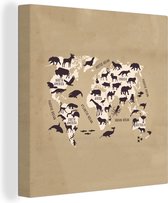 Canvas Wereldkaart - 20x20 - Wanddecoratie Wereldkaart Kinderen - Dieren - Bruin