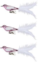 12x stuks decoratie vogels op clip roze 20 cm - Decoratievogeltjes/kerstboomversiering/bruiloftversiering