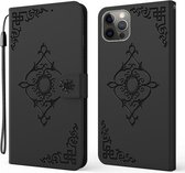 Reliëf Fortune Flower Pattern Horizontale Flip Leren Case met Houder & Kaartsleuf & Portemonnee & Lanyard Voor iPhone 12/12 Pro (Zwart)