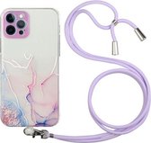 Holle marmeren patroon TPU schokbestendige beschermhoes met nekriem touw voor iPhone 12 Pro Max (roze)