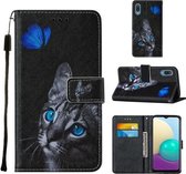 Voor Samsung Galaxy A02 / M02 Cross Texture Painting Pattern Horizontale Flip lederen tas met houder & kaartsleuven & portemonnee & lanyard (Blue Butterfly Cat Eyes)