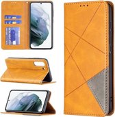 Voor Samsung Galaxy S21 FE Rhombus Texture Horizontale Flip Magnetische Leren Case met Houder & Kaartsleuven & Portemonnee (Geel)
