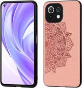 Voor xiaomi mi 11 lite mandala reliëf stoffen hoes pc + tpu mobiele telefoonhoes met magnetische functie en draagriem (rose goud)