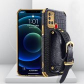 Voor Samsung Galaxy A21S gegalvaniseerde TPU krokodillenpatroon lederen tas met polsband (zwart)