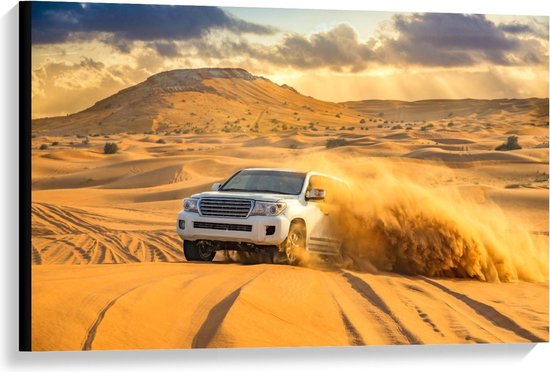 Canvas  - Auto in Woestijn - 90x60cm Foto op Canvas Schilderij (Wanddecoratie op Canvas)