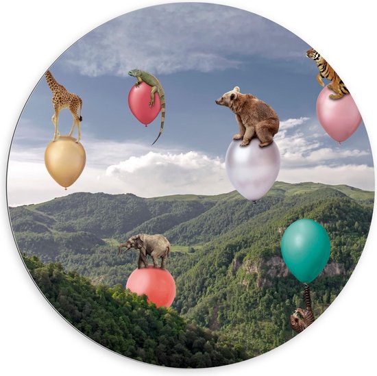 Dibond Wandcirkel - Wilde Dieren op Ballonnen boven Landschap - 100x100cm Foto op Aluminium Wandcirkel (met ophangsysteem)