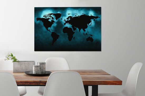 Carte du monde noire sur fond sombre aux couleurs bleues 90x60 cm