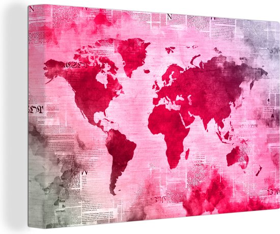 Wereldkaart avec peinture rose vif sur fond avec journal 90x60 cm