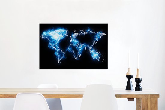 Wereldkaart en bleu électrique sur fond noir 60x40 cm
