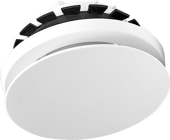Schuin aanzicht van het witte Zehnder Comfovalve ventilatieventiel met zichtbare zwarte binnenrand.