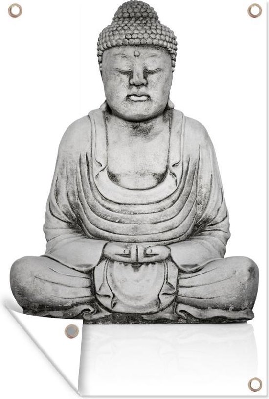 Tuindecoratie Stenen standbeeld van Boeddha - 40x60 cm - Tuinposter - Tuindoek - Buitenposter