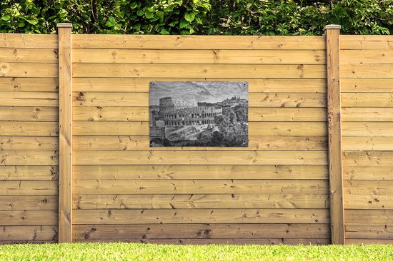 Tuinposter 90x60 cm - Tuindecoratie Illustratie van het Colosseum in zwart-wit - Poster voor in de tuin - Buiten decoratie - Schutting tuinschilderij - Tuindoek muurdecoratie - Wanddecoratie balkondoek