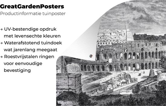 Tuinposter 90x60 cm - Tuindecoratie Illustratie van het Colosseum in zwart-wit - Poster voor in de tuin - Buiten decoratie - Schutting tuinschilderij - Tuindoek muurdecoratie - Wanddecoratie balkondoek