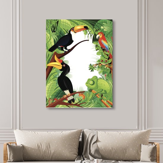 Une illustration vectorielle d'une forêt tropicale avec des toucans sur toile 120x160 cm - Tirage photo sur toile (Décoration murale salon / chambre) XXL / Grand format!
