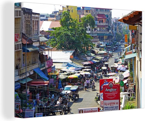 Canvas Schilderij De markt van het Cambodjaanse Phnom Penh in Azië - 30x20 cm - Wanddecoratie