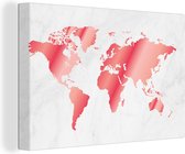 Canvas Wereldkaart - 90x60 - Wanddecoratie Wereldkaart - Roze - Marmer