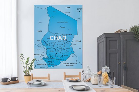 Une illustration d'une carte bleue du Tchad sur toile 120x160 cm - Tirage photo sur toile (Décoration murale salon / chambre) XXL / Groot format!
