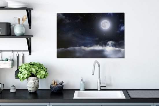 La pleine lune entourée de nuages et d'étoiles toile 60x40 cm - Tirage photo sur toile (Décoration murale salon / chambre)