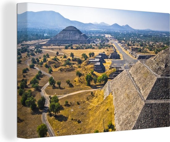 Canvas schilderij 180x120 cm - Wanddecoratie Maan en de zonpiramides bij Teotihuacán in Centraal Mexico - Muurdecoratie woonkamer - Slaapkamer decoratie - Kamer accessoires - Schilderijen