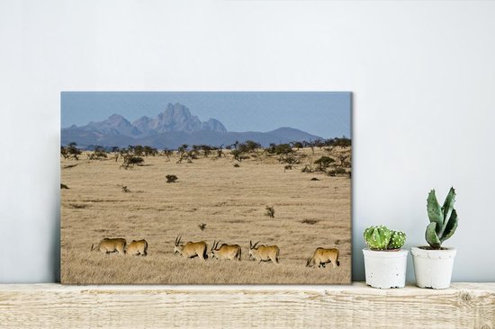 Canvas Schilderij Mount Kenya met kudde elanden op de voorgrond in Afrika - 30x20 cm - Wanddecoratie