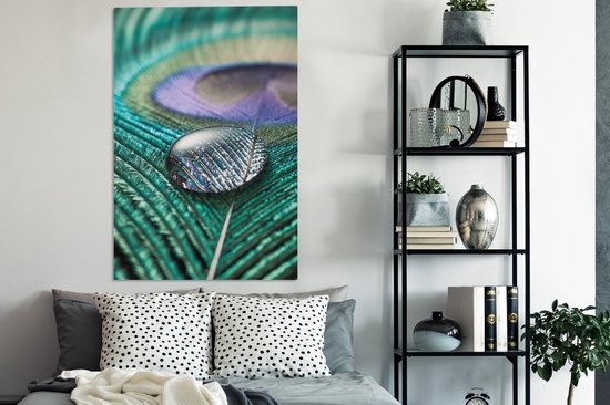 Structure d'une plume de paon avec une toile goutte d'eau 80x120 cm - Tirage photo sur toile (Décoration murale salon / chambre)