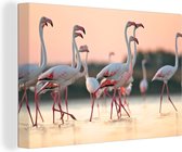 Canvas Schilderij Flamingo's bij zonsondergang - 30x20 cm - Wanddecoratie