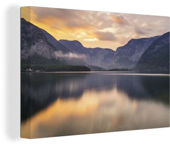 Montagnes et coucher de soleil se reflètent dans un lac 120x80 cm - Tirage photo sur toile (Décoration murale salon / chambre)