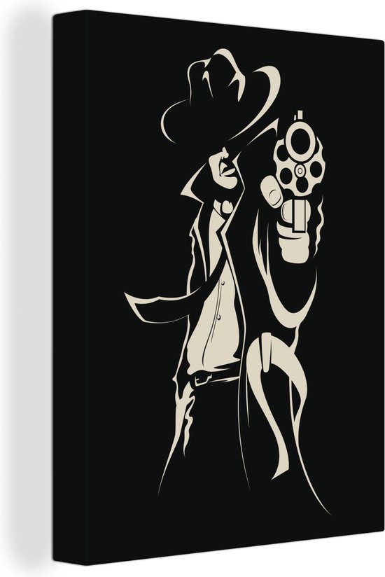 Canvas schilderij 120x160 cm - Wanddecoratie Illustratie met lid van de maffia en een pistool op een zwarte achtergrond - Muurdecoratie woonkamer - Slaapkamer decoratie - Kamer accessoires - Schilderijen