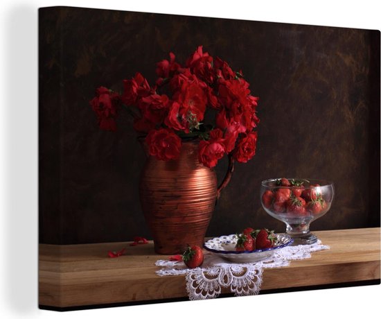 Canvas Schilderij Stilleven - Rozen - Aardbeien - 60x40 cm - Wanddecoratie