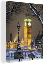 Illuminé Big Ben à Londres avec de la neige 60x80 cm - Tirage photo sur toile (Décoration murale salon / chambre) / villes européennes Peintures sur toile