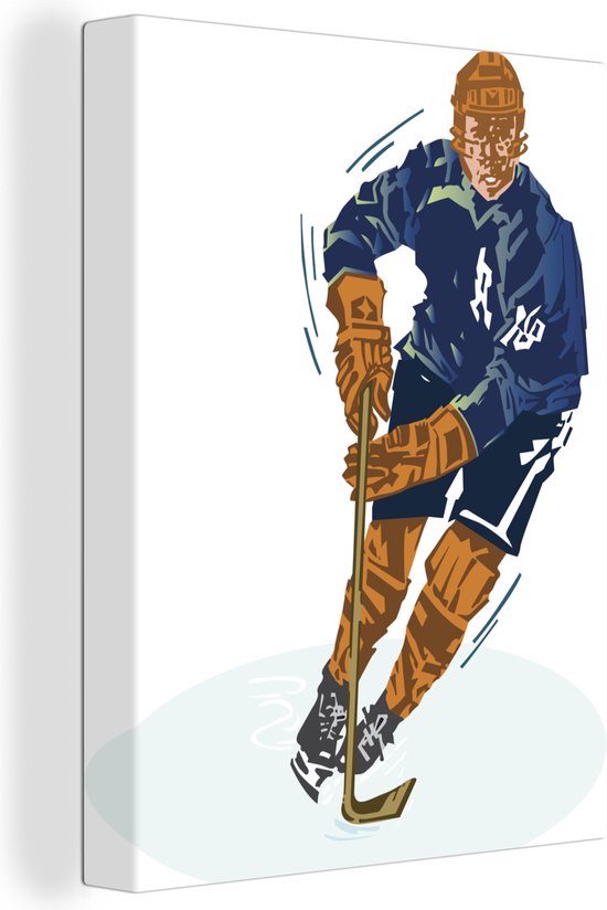 Un joueur de hockey sur glace avec un costume bleu dans une toile d'illustration 120x160 cm - Tirage photo sur Toile (Décoration murale salon / chambre) XXL / Groot format!