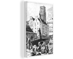 Canvas Schilderij Zwart-wit illustratie van de grote markt in Rotterdam - 20x30 cm - Wanddecoratie