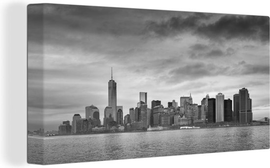 Canvas schilderij 160x80 cm - Wanddecoratie Manhattan New York in zwart-wit - Muurdecoratie woonkamer - Slaapkamer decoratie - Kamer accessoires - Schilderijen