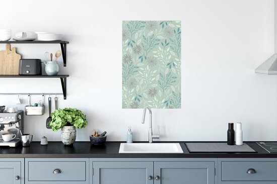 Motif feuilles et fleurs fond bleu 40x60 cm / Poster Fleurs