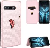 Voor Asus ROG Phone 3 ZS661KS Koolstofvezel Textuur Magnetische Horizontale Flip TPU + PC + PU lederen tas met kaartsleuf (roze)