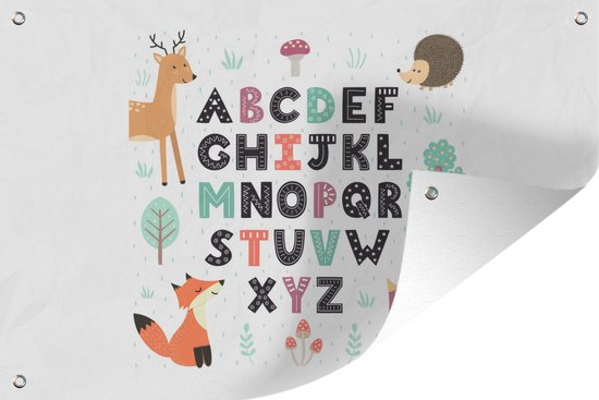 Tuinposter - Tuindoek - Tuinposters buiten - Illustratie alfabet met bosdieren - 120x80 cm - Tuin