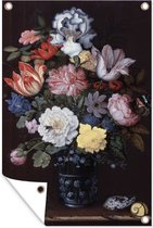Muurdecoratie Stilleven van bloemen en schelpen - Schilderij van Balthasar van der Ast - 120x180 cm - Tuinposter - Tuindoek - Buitenposter
