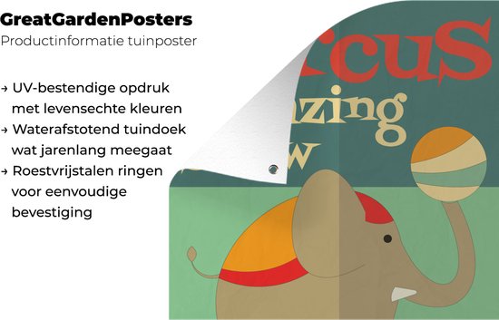 Tuinposter 120x180 cm - Tuindecoratie Circus" met olifant en aap op een groene achtergrond - Poster voor in de tuin - Buiten decoratie - Schutting tuinschilderij - Tuindoek muurdecoratie - Wanddecoratie balkondoek