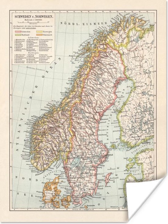 Poster Gedetailleerde kaart van Zweden en Noorwegen - 30x40 cm