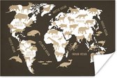 Wereldkaart sur fond marron avec illustrations de silhouettes d'animaux 60x40 cm