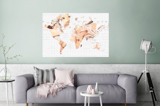 Wereldkaart d'un élégant motif couleur sable sur fond avec degrés de longitude et de latitude 180x120 cm