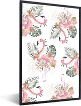 Fotolijst incl. Poster - Patroon - Bloemen - Flamingo - 20x30 cm - Posterlijst