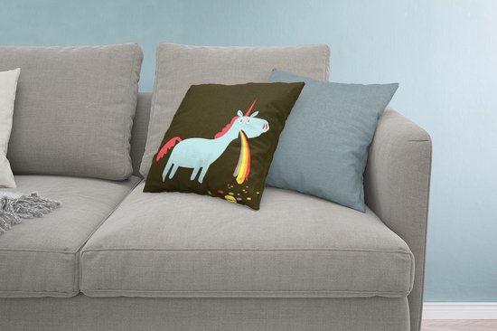 Sierkussen Licorne illustration pour usage intérieur - Une illustration d'une licorne vomissant - 45x45 cm - Coussin intérieur carré en coton