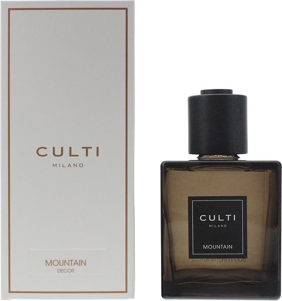 CULTI MILANO MOUNTAIN DECOR amberkleurige fles met zwarte dop en bijpassende witte doos.